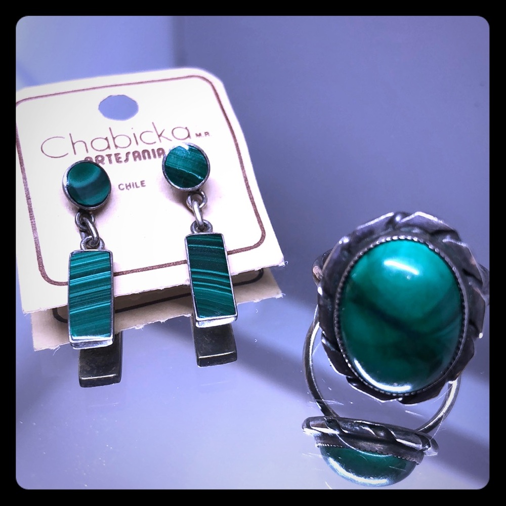 Sterling Vintage Malachite Ring & Earring Set 6.75